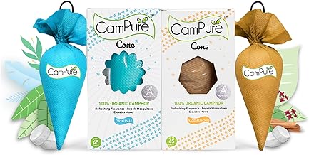 CamPure Camphor Cone (1 Original + 1 Sandalwood) Pack Of 2-100% Organic | Air Freshener For Car, Wardrobe, Office Cabin's, Drawers, Travel Bag & Bathroom, Granule, 120 Gm