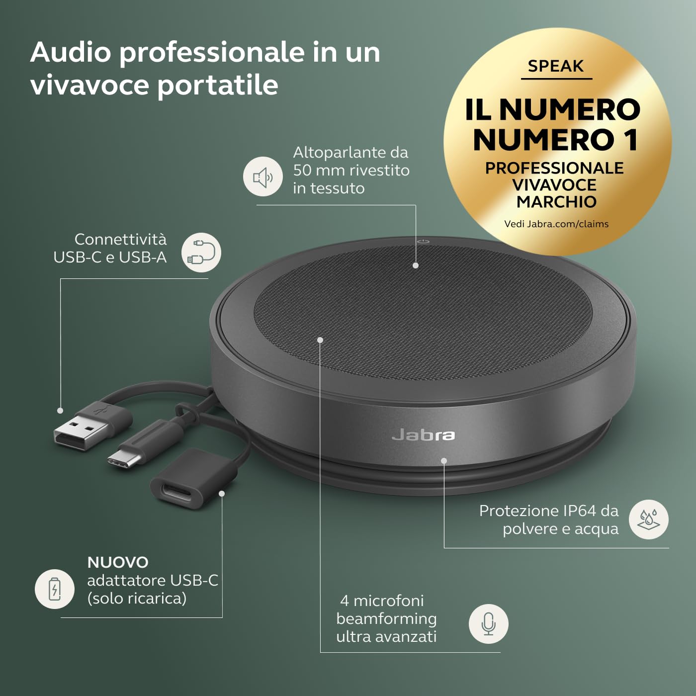 Jabra Speak2 75 Speaker Bluetooth Senza Fili per Lavoro, Grigio Scuro | 4 microfoni a cancellazione di rumore, altoparlanti da 65 mm, funzione di collegamento USB-A e USB-C, per Microsoft Teams