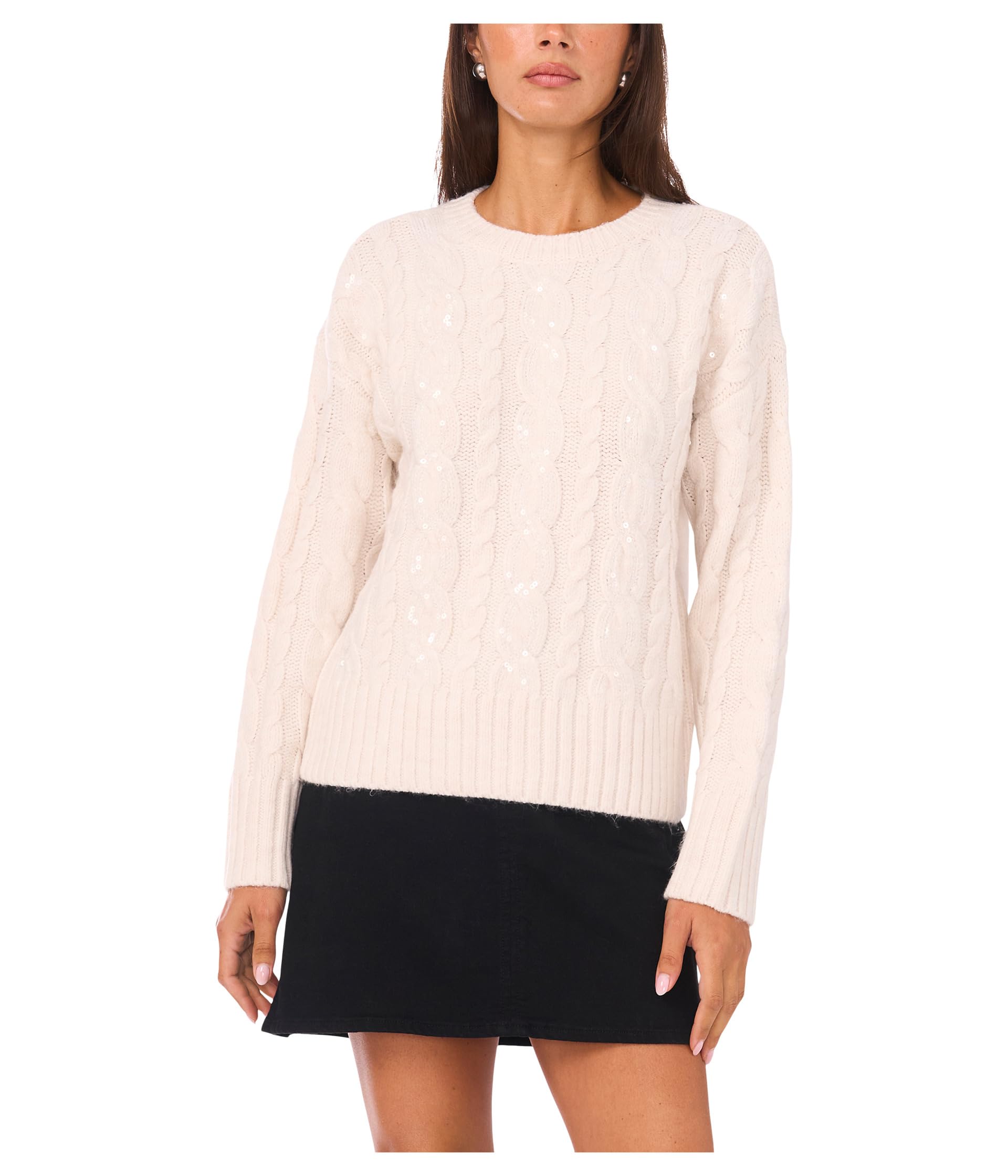 Vince Camuto Womens Sequin Cable Long Sleeve Crew Neck