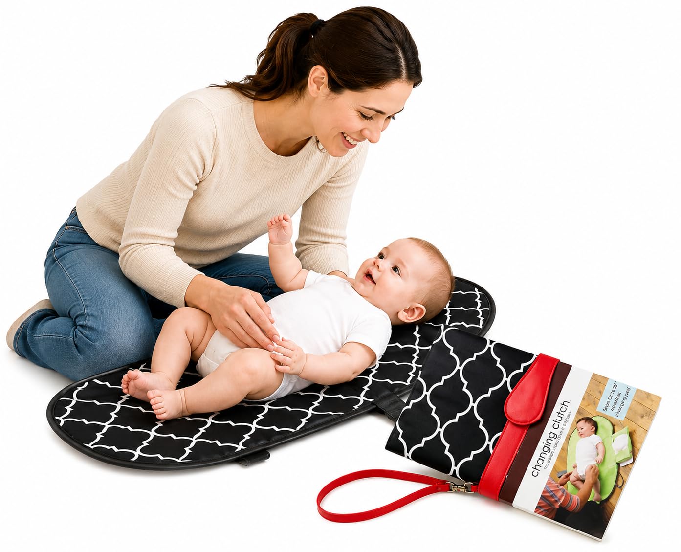 Babies Bloom Diaper Clutch Bag with Changing Matt, Waterproof Portable Baby Diaper Changing Station (Mommy Clutch Bag) (Black/Red)-image-46