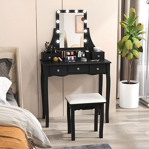 GOFLAME Juego de mesa de tocador con espejo giratorio iluminado, mesa de maquillaje con luces de 3 colores, brillo ajustable, 5 cajones, tocador con