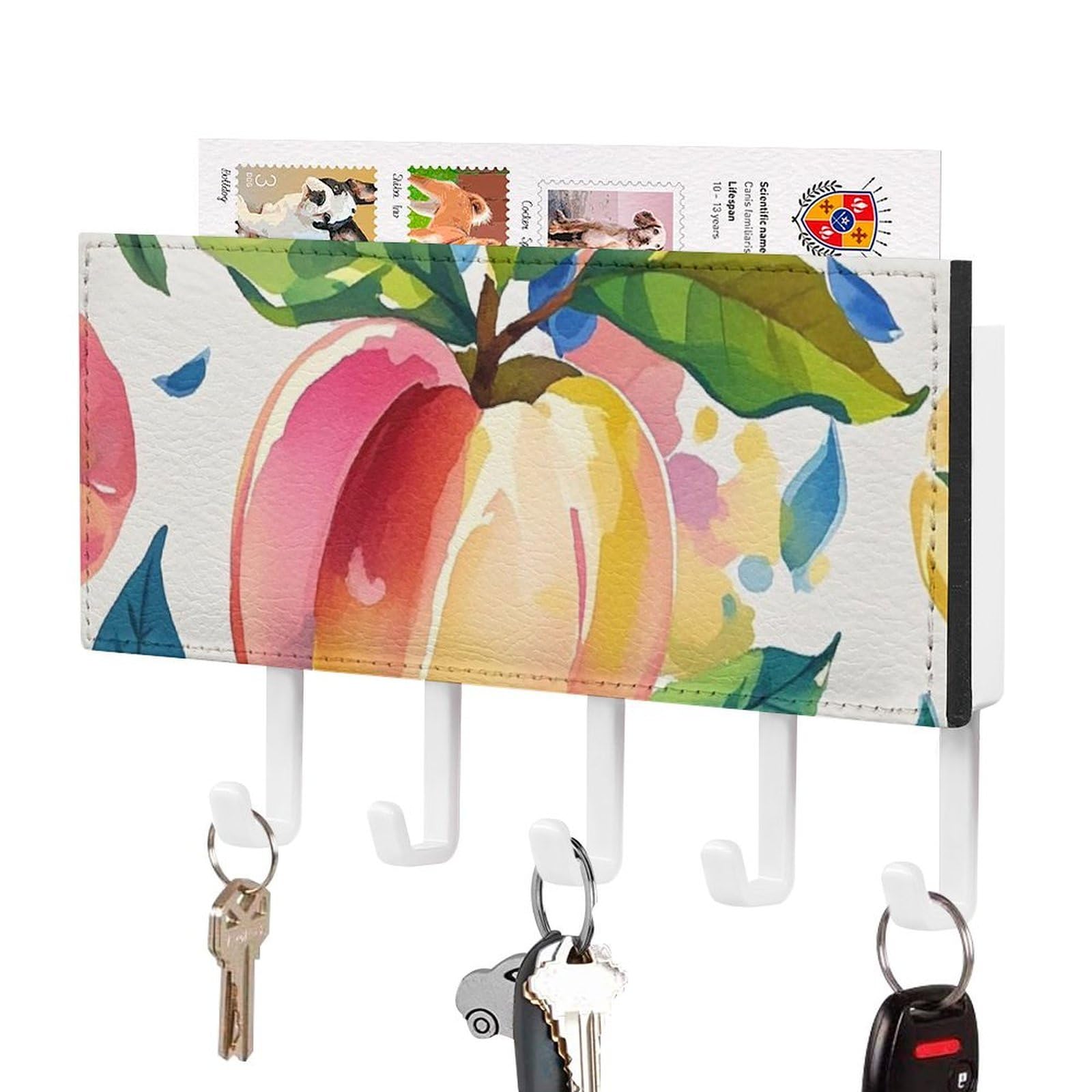 Fekiloot White-Style Colorful Peach Watercolor Key Holder Wall Mount Key Hanger With 5 Hooks Decorative Key Rack Hanging Key Hooks With Mail Organizer Key Holder For Wall Living Room Kitchen Bathroom Hallway White