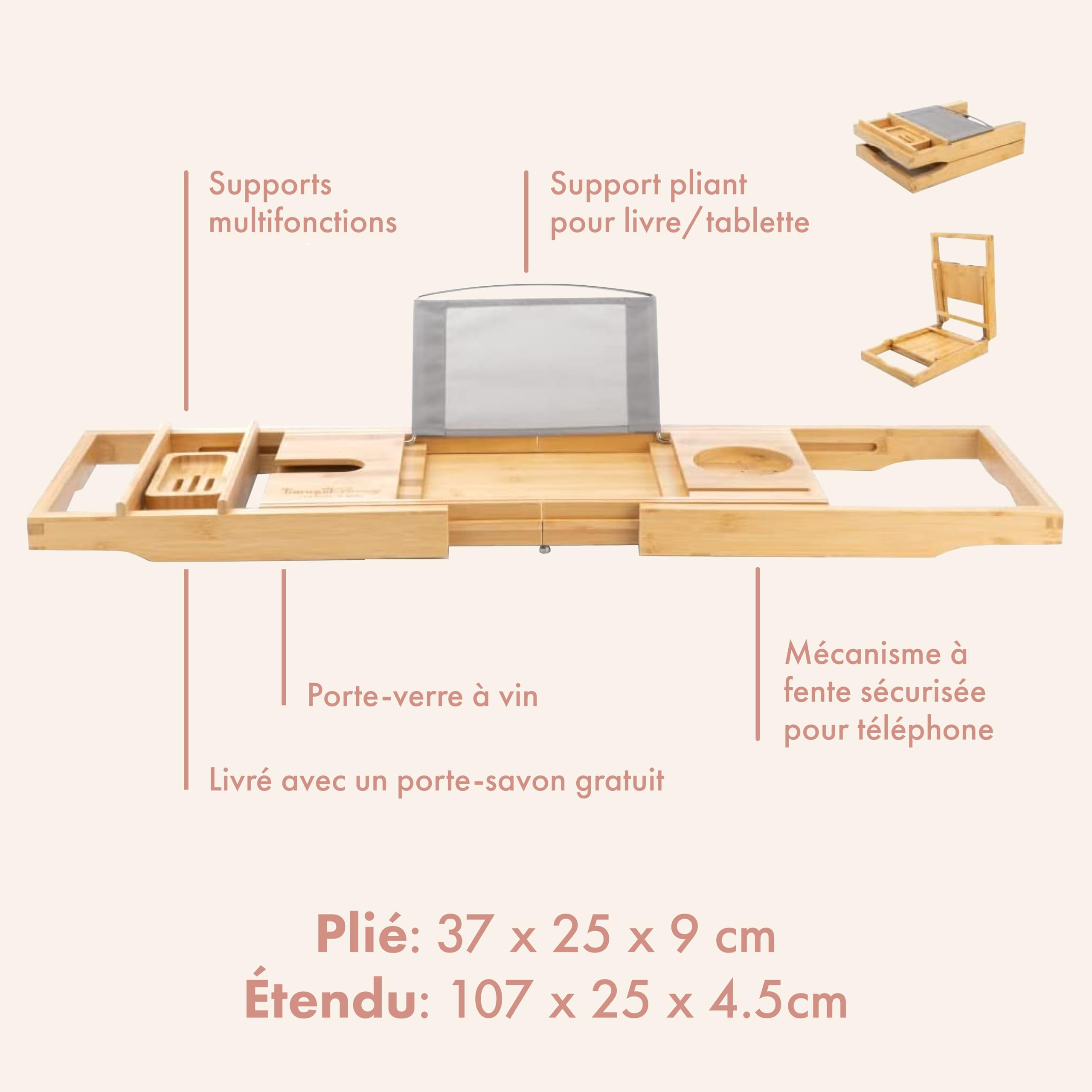 TranquilBeauty Panier de Bain Extensible | Plateau de Bain réglable avec Porte-vin en Bambou Naturel Durable | Planche de Bain en Bois de Luxe avec Support pour iPad, Tablette et téléphone