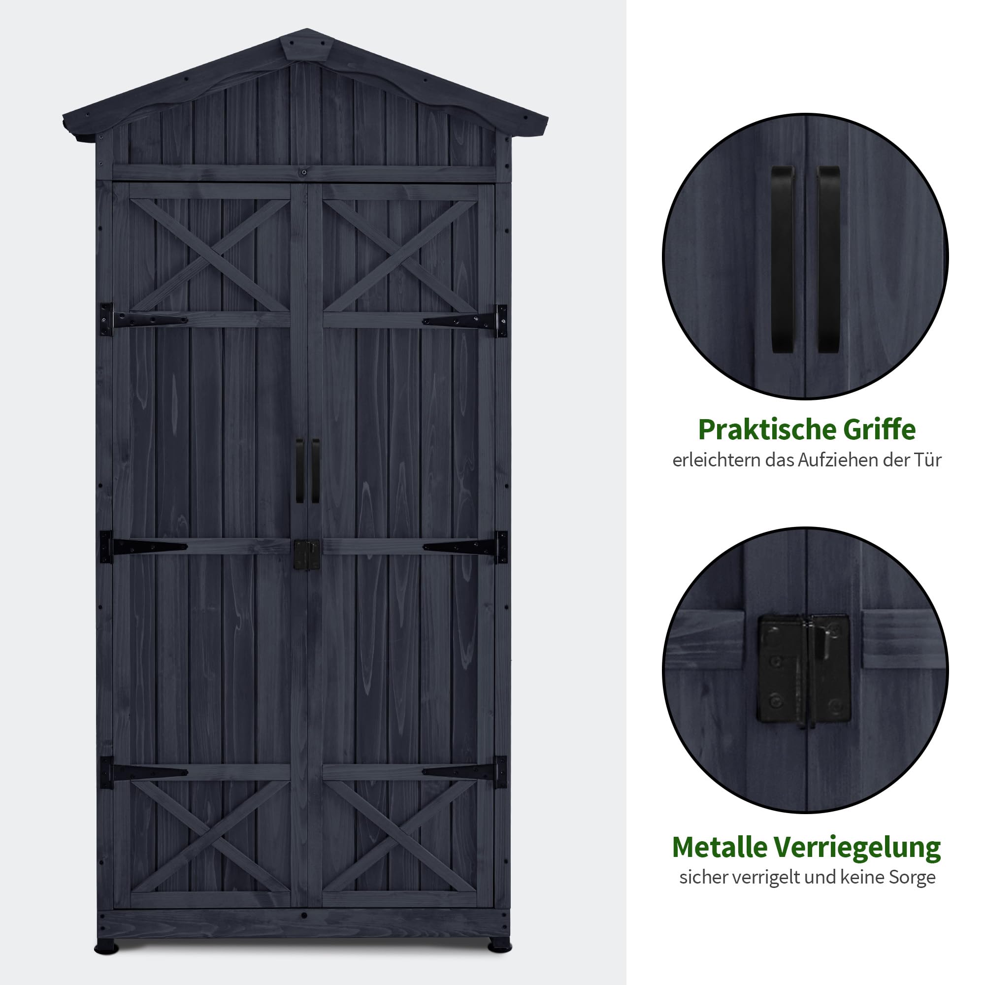 M MCombo Gartenschrank Gartenhaus Holz Wetterfest, Outdoor Wasserdicht Schrank mit Boden, für Außenbereich Balkon Terrasse, Aufbewahrungsschrank mit 2 Bewegliche Regale 74×99×193 cm (Anthrazitgrau)