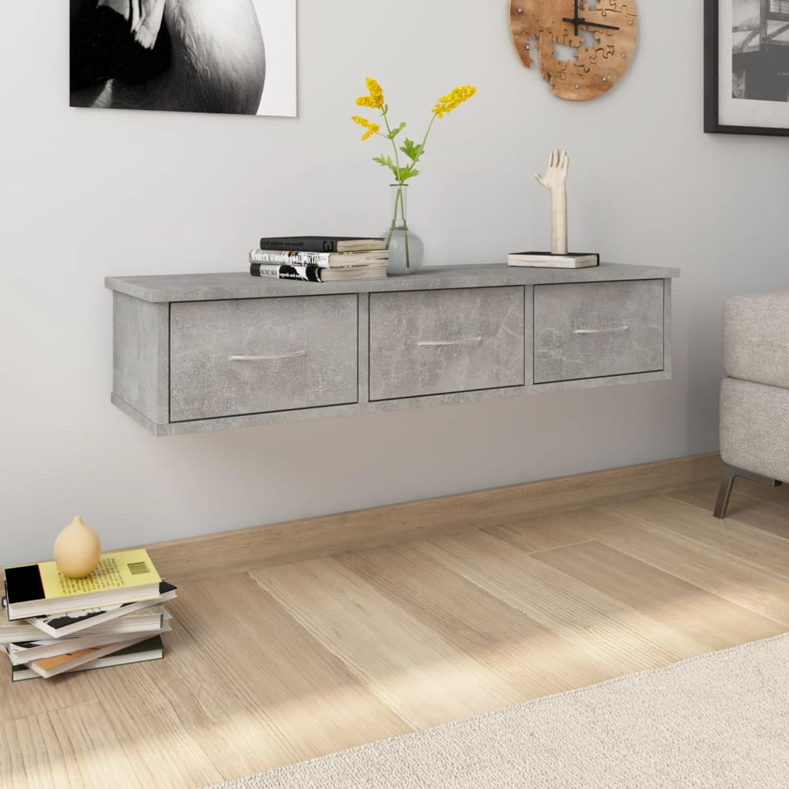 Estante con cajones Pared, Estanteria Trastero, Armarios para Trasteros, Estante para Recibidor, Armario Suspendido, aglomerado Gris hormigón 88x26x18,5cm