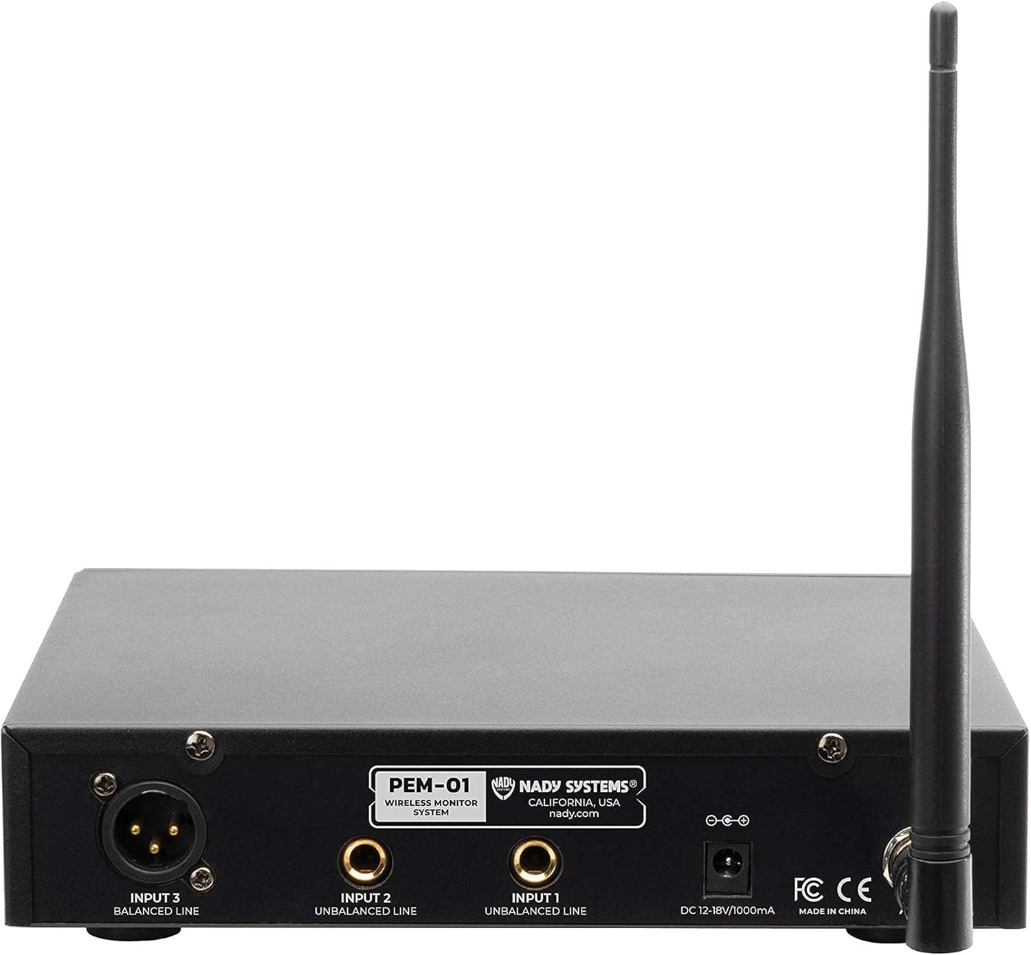 Rear view of Nady PEM-01 transmitter showing input jacks and power input