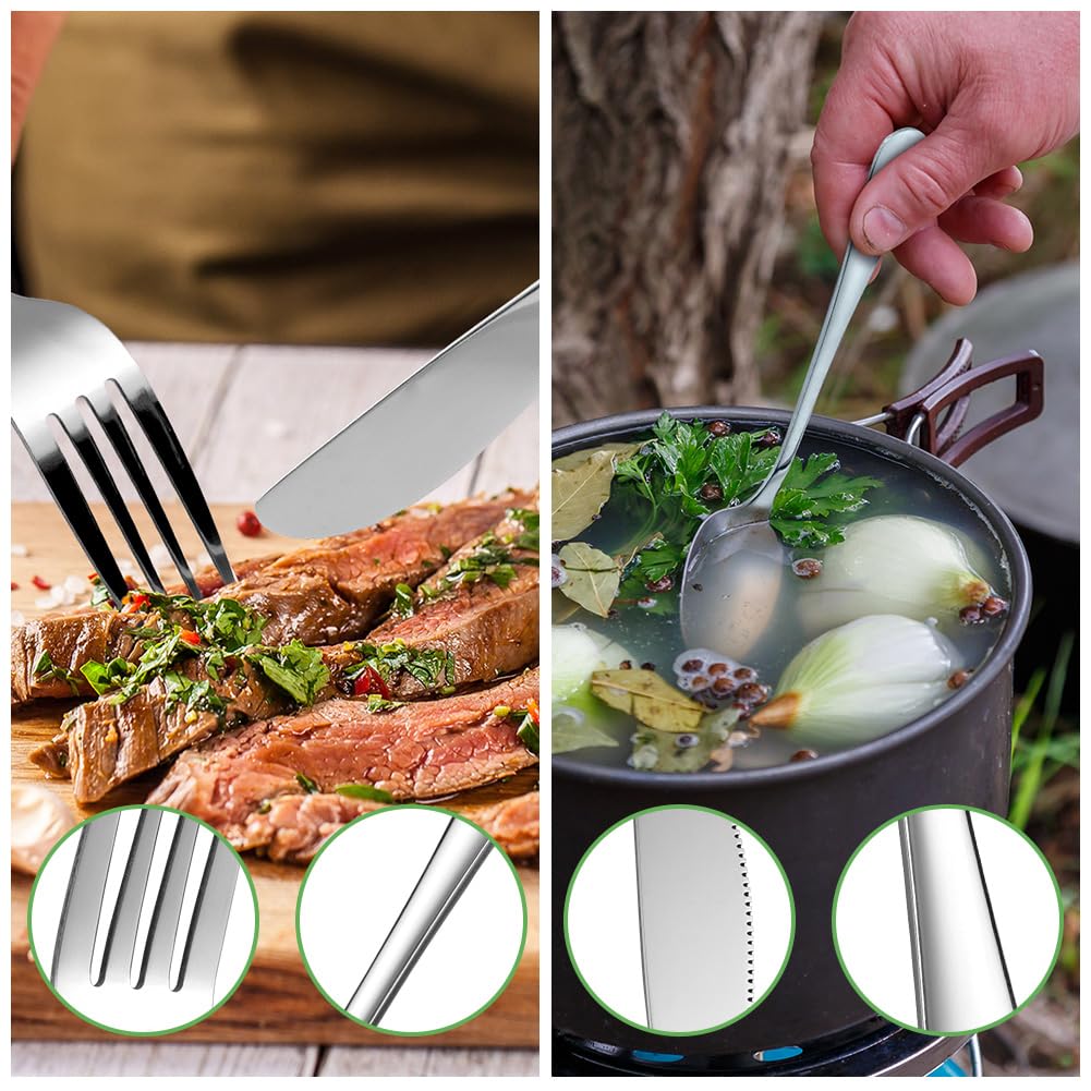 HOTUT Set di Posate Acciaio Inox, 3 Pezzi Posate Da Campeggio Kit con Borsa Portaoggetti, Posate Da Viaggio in Argento con Cucchiaio Forchetta Coltello, Finitura Lucida Lavabili in Lavastoviglie