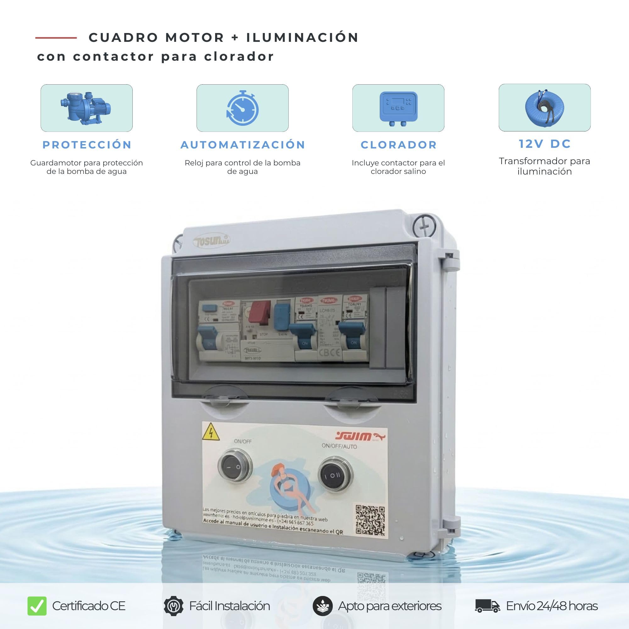 SWIMHOME Cuadro Eléctrico para Piscina Iluminación y Motor | Guardamotor y Transformador | Controlador RGB 4 Hilos | Contactor para Clorador | 60W 12DC | Bomba de Agua 0,5CV 2,5-4A