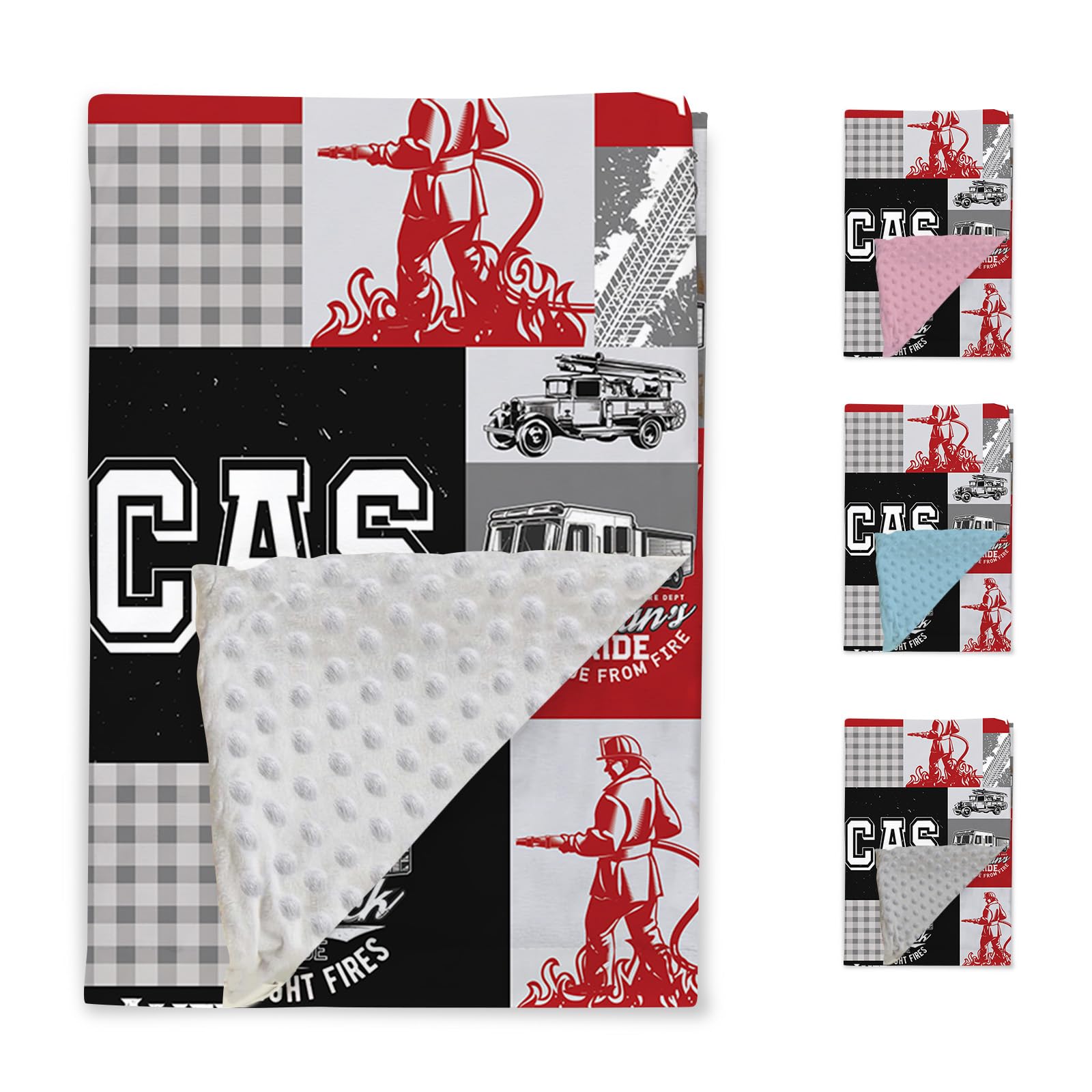 Personalized Fire Engine Blanket for Kids, Custom Name Patchwork Blankets, Soft Plush Fire Truck Plaid Flannel Blanket with Double Layer Dotted Backing, Gifts for Boys Girls Baby Color12