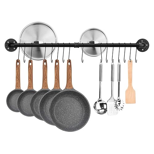 Toplife 39.4 inch Pot Rack, Kitchen Wall Mounted Detachable Pan Lid Utensils Organizer Hanging Rail with 16 Hooks, Black - 39.4 inch