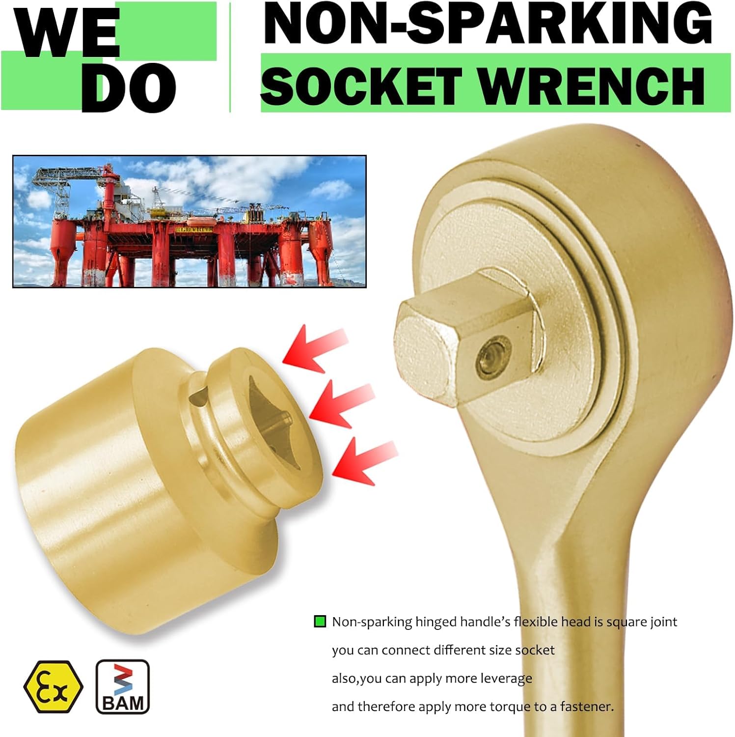 WEDO 21Pcs Non-Sparking Tools Set, Socket,Driver Extension, Spark Plug Socket, Ratchet Wrench, Tools Kit, Aluminum Bronze,Die-Forged,Corrosion Resistant,DIN Standard,BAM Certification