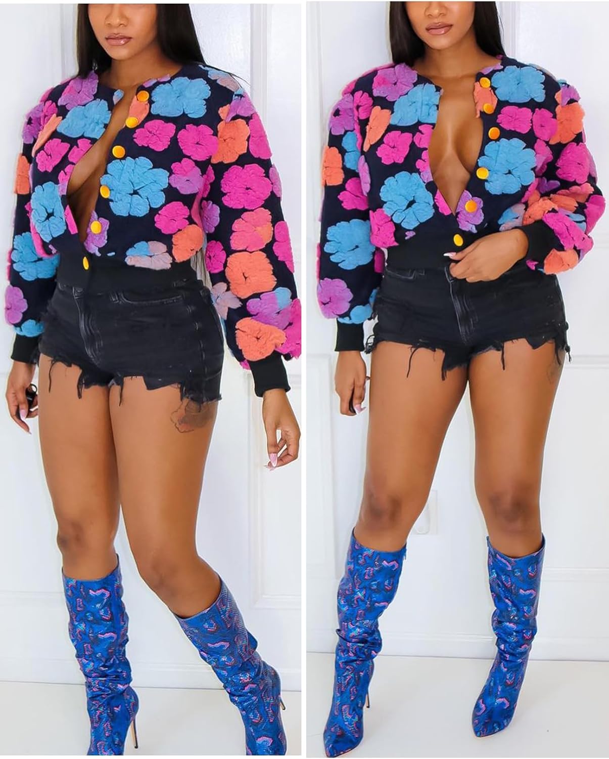 Yimoon Womens Cropped Floral Print Jacket Puff Sleeve Fleece Bomber Jacket Button Down Fall Winter Warm Outerwear - Image 5