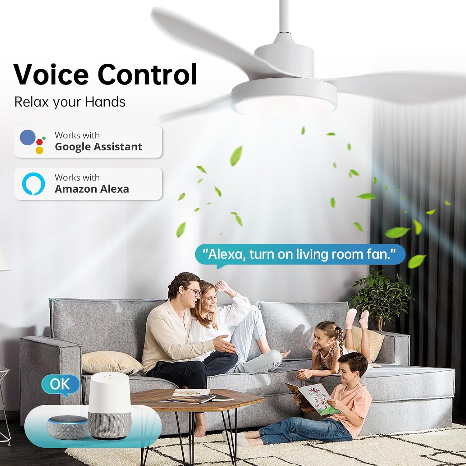 Sofucor 48 Inch Smart Ceiling Fan Modern Ceiling Fans with Lights and Remote Works with Alexa/Google/APP FLush Mount Ceiling Fans with 6 Speeds Reversible DC Motor & Timer for Patio Bedroom Outdoor