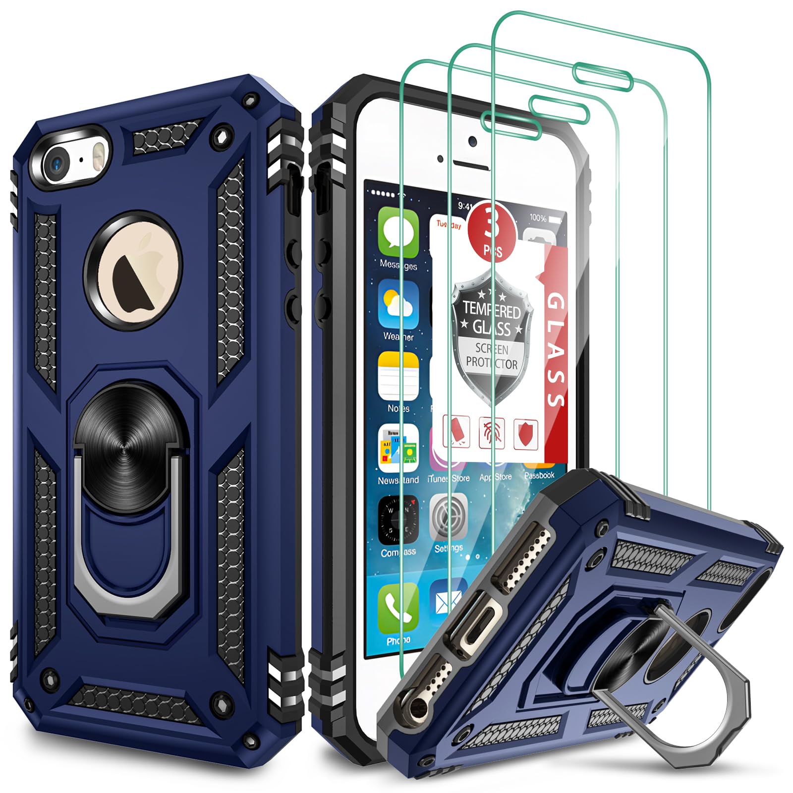 for iPhone SE Case(1st gen - 2016), Case for iPhone 5S with [3X Tempered Glass Screen Protector]，Built-in Ring Kickstand and Magnetic Car Mount