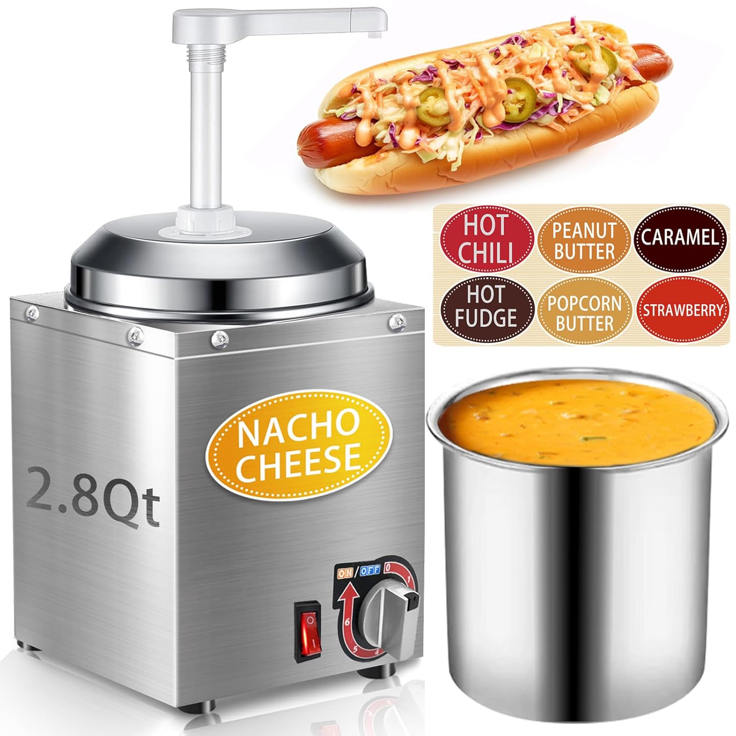 Nacho Cheese Dispenser with Pump - 2.8QT Stainless Steel Nacho Cheese Hot Fudge Sauce Warmer Machine with 6-Level Temperature Control, Commercial Dispenser for Hot Chocolate, Hot Fudge, and Caramel