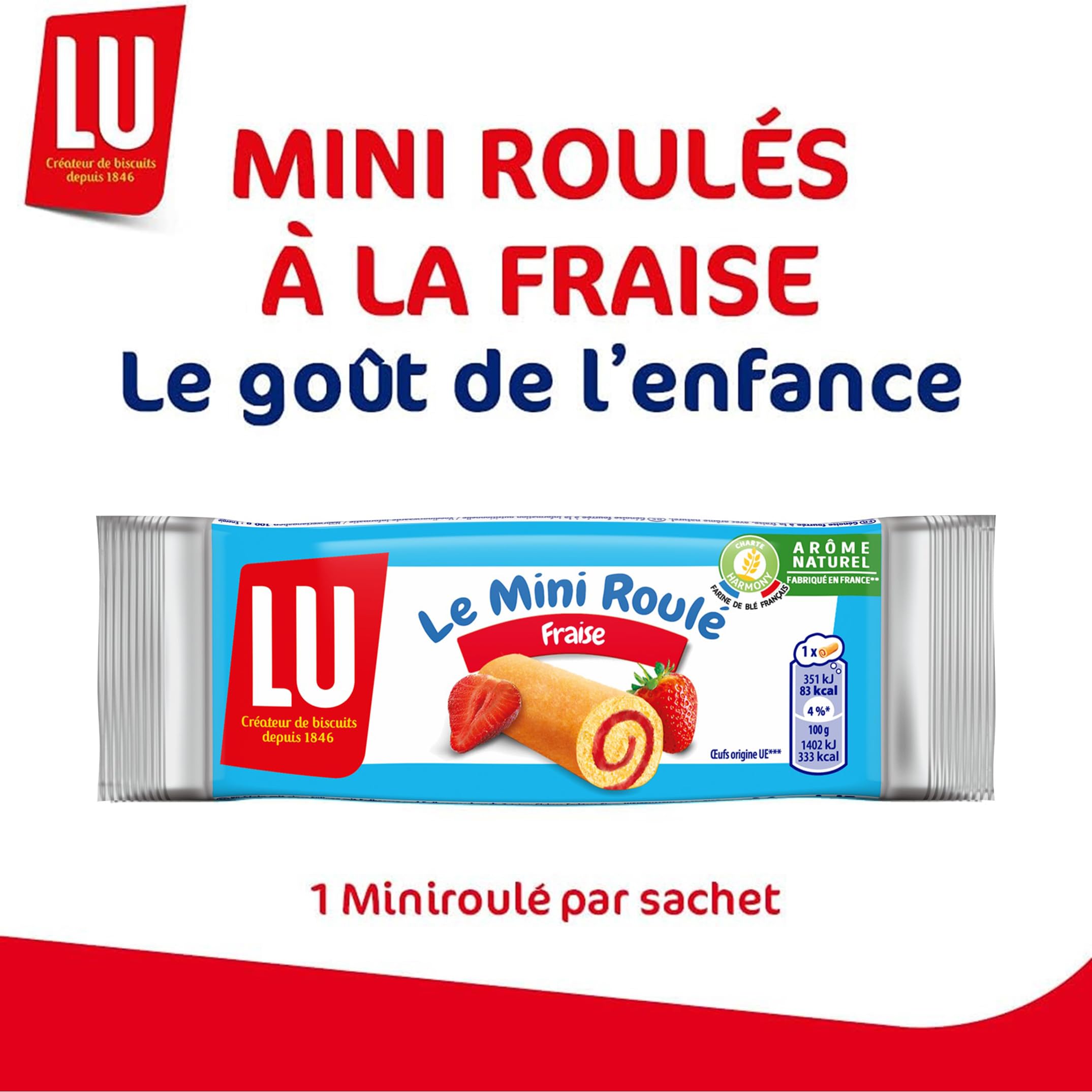 LU - LULU Miniroulés à la Fraise - Génoise Tendre et Moelleuse - Gâteau à la Fraise - Lot de Gâteaux Individuels - Idéal pour le Goûter des Enfants - Fabriqué en France - Pack de 180 Sachets de 25 g