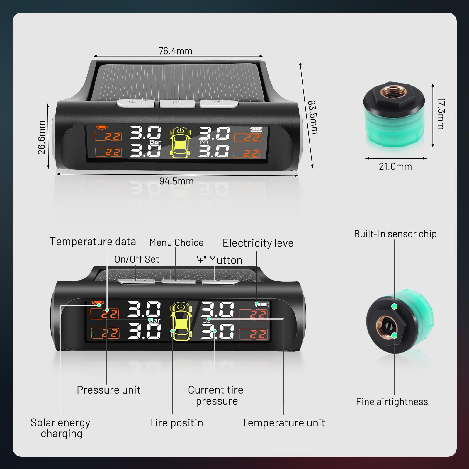TPMS Sistema di controllo della pressione dei pneumatici 6 Bar, monitor della pressione dei pneumatici solare con sistema di allarme con 4 sensori illuminati per camion e camper
