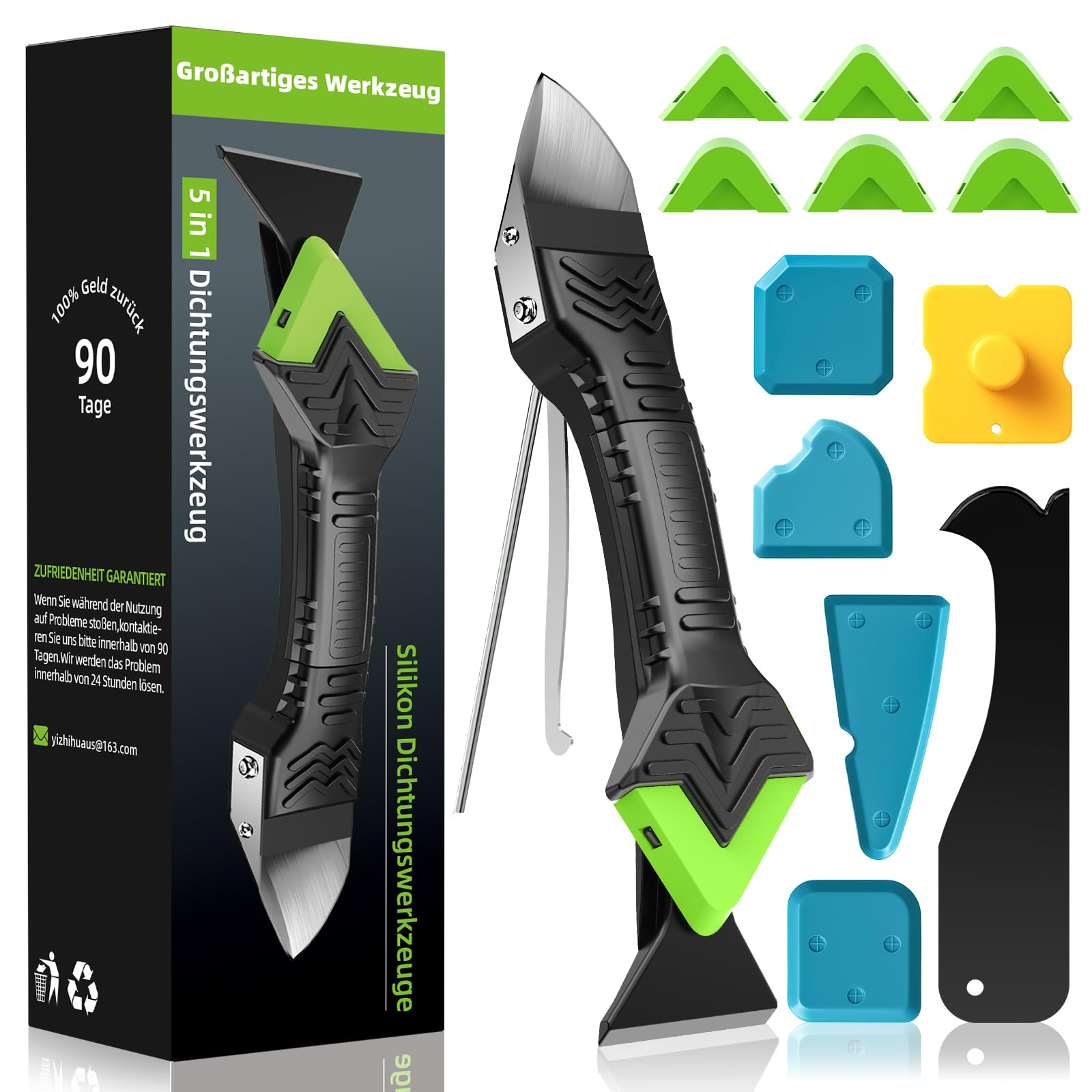 Silikonentferner, Silikon Abzieher Werkzeug Set 5 in 1 Fugenkratzer 6 Auswechselbar Silikonpads Dichtungsdüsen ​für Küche Bad Boden Spüle Fenster Abdichtung