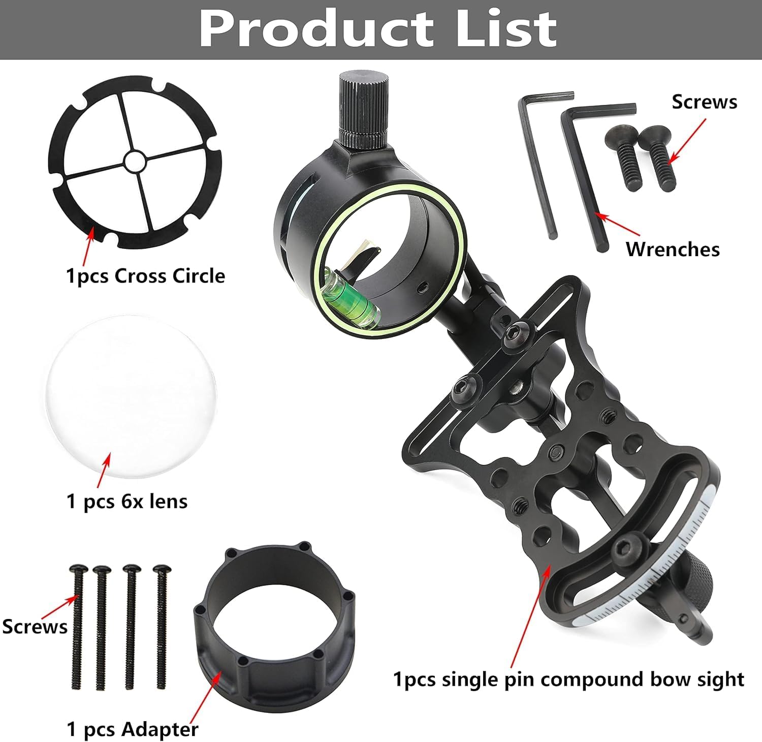Compound Bow Bow Sight 1 Pin,4X 6X 8X Magnifier Lens, 1 Pin Bow Sight Archery Hunting Sighting Suitable for Right Handed Archers