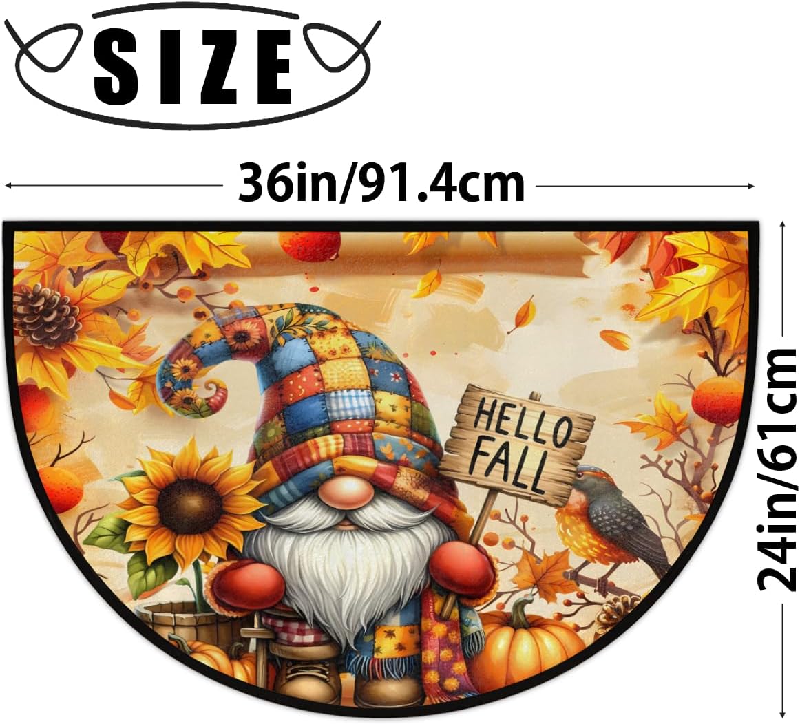 cfpolar Half Round Door Mat, Sunflower Pumpkins Gnome Semicircle Door Mats Non Slip Area Rugs Soft Outdoor Doormat Shoe Scraper for Front Door Entrance Garage Patio High Traffic Areas