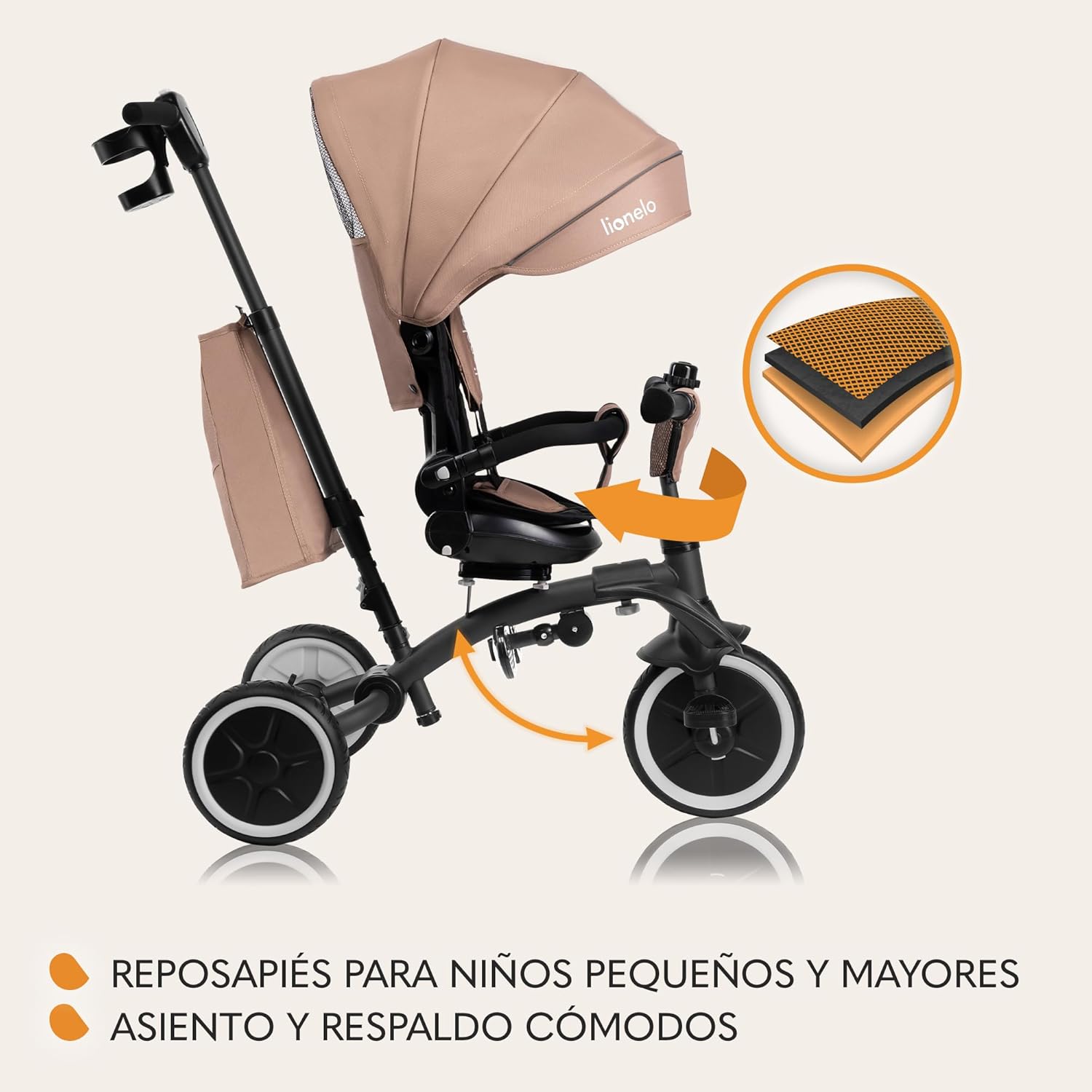 Detail of the LIONELO Tris Plus Tricycle's comfortable padded seat and adjustable footrests for different child sizes.