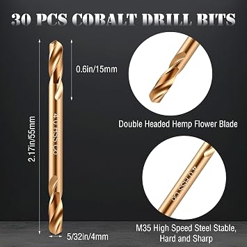 Lounsweer 30 Pcs Cobalt Drill Bits Bulk Hss M35 Metal Double End, 5/32 Inch