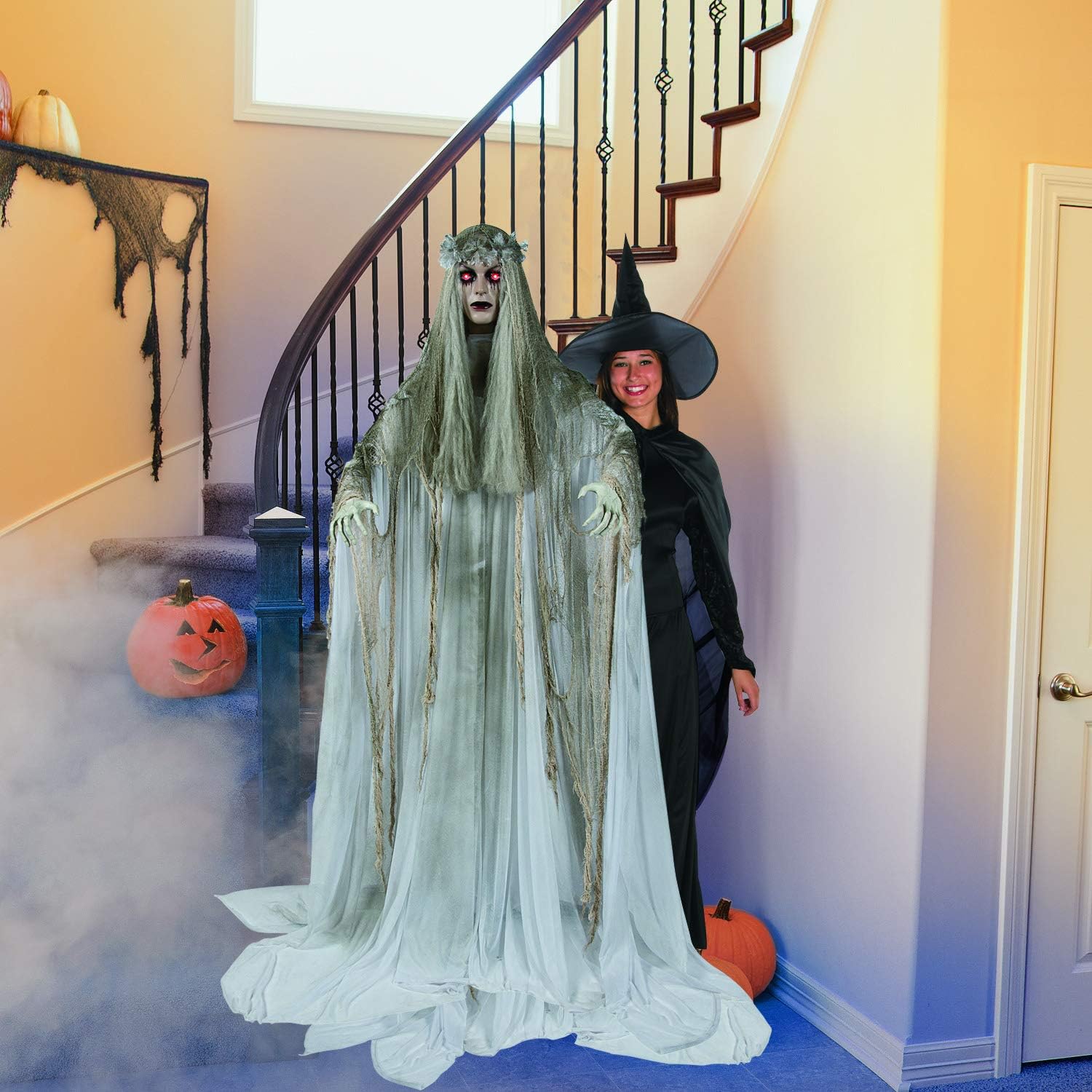 Fun Express Standing Ghost Girl Halloween Decorations Outdoor - 5ft 7in Light Up Ghost with Flashing Red Eyes | Scary Halloween Decor for Porch, Yard & Indoor | Spooky Halloween Ghost Decorations