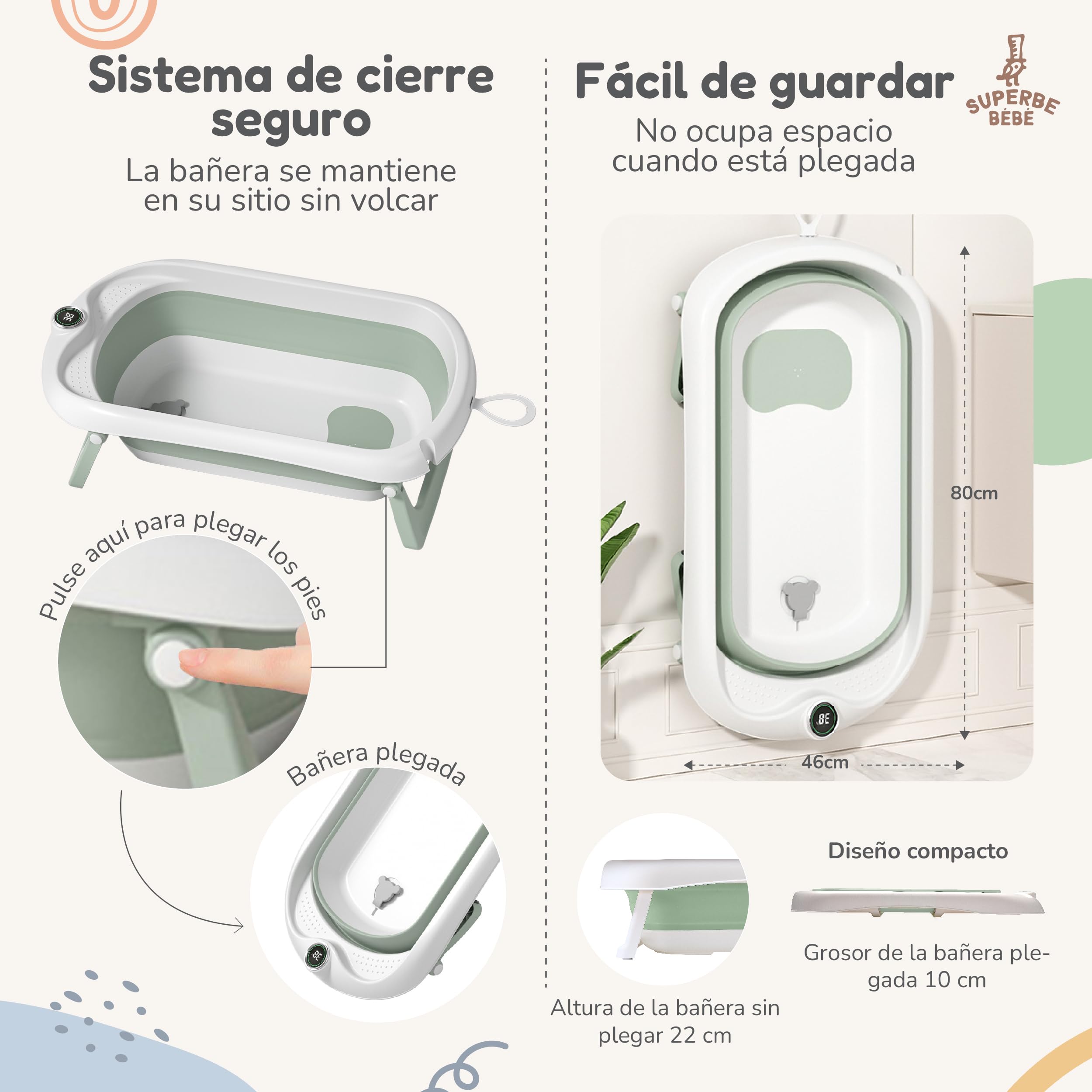 Bañera Plegable Bebé Con Asiento De Baño Antideslizante - bañera Bebe Plegable Con Termómetro - Asiento Bañera Bebe - Silla - Desde El Nacimiento Hasta Los 3 Años - Regalos De Nacimiento (VERDE)