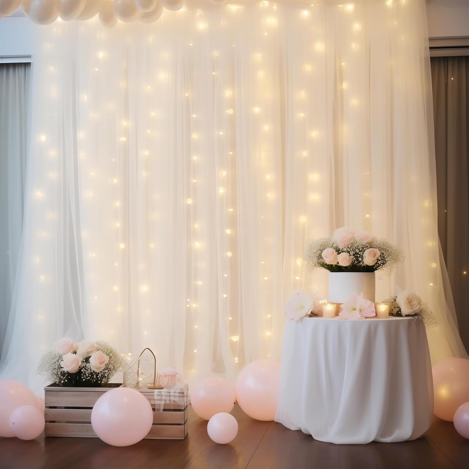 20×10ft White Tulle Backdrop Curtain with Lights String for Parties, Sheer Photo Backdrop Curtains for Wedding Ceremony Birthday Party Bridal Shower Decoration