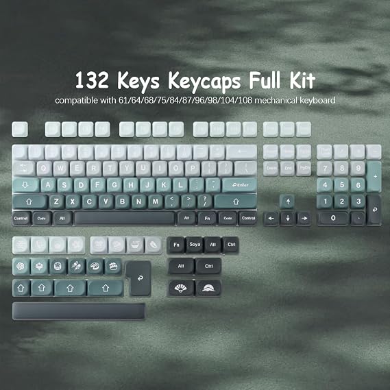 Sunzit PBT Keycaps,132 Keys MOA Profile Dye Sub Custom Green Keycap Set for Cherry MX Switches ISO/ANSI UK Layout 104/87/74/61 60 Mechanical Gaming Keyboard