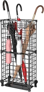 AWTATOS Black Metal Umbrella Stand Holder - Freestanding Square Entryway Rack with Removable Drip Tray & Hooks, Holds 6-8 Umbrellas
