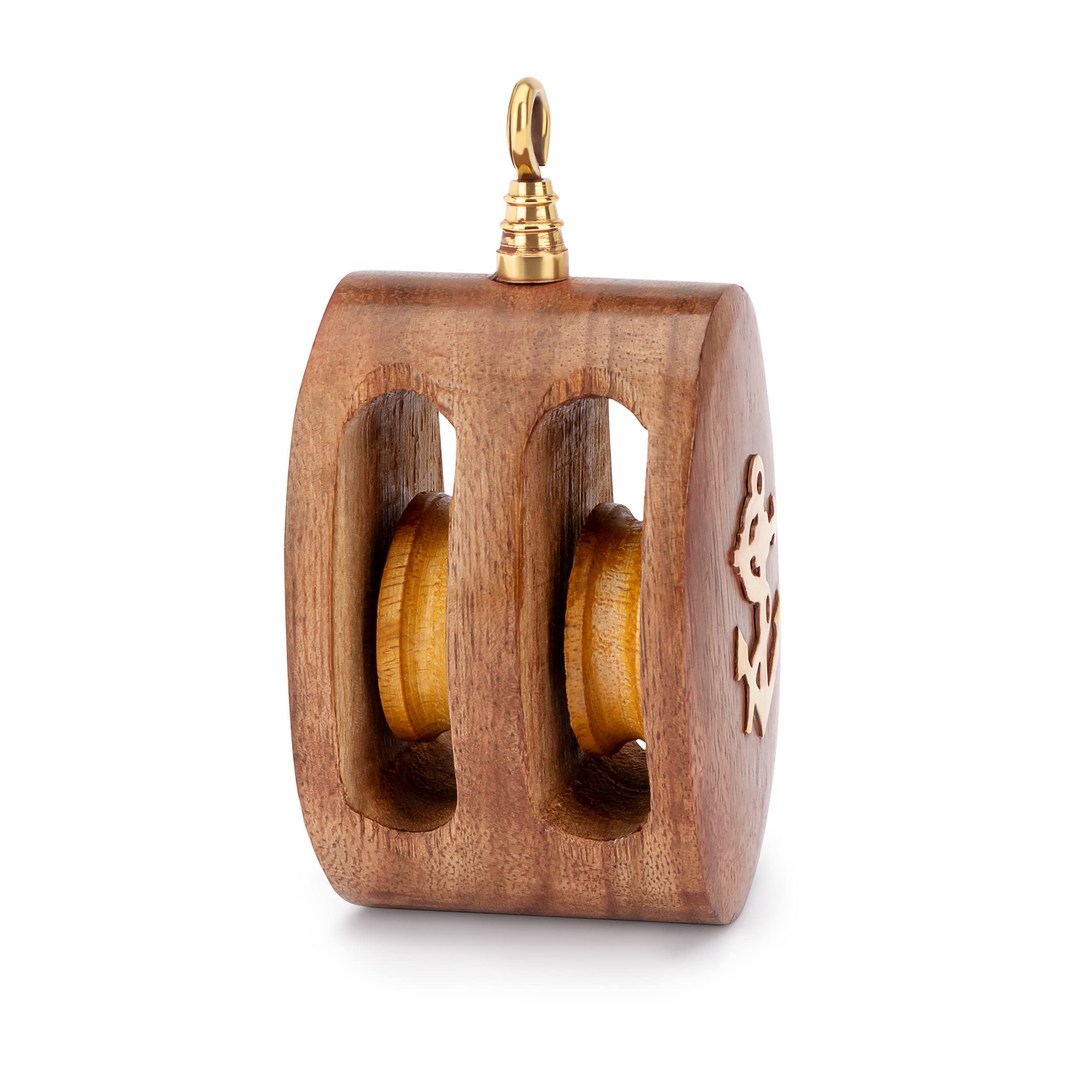 NKlaus Maritim 11513 - Rollo doble de madera y latón, 9,5 x 4,5 x 4,2 cm, perfecto para decoraciones marítimas o como polea de botella