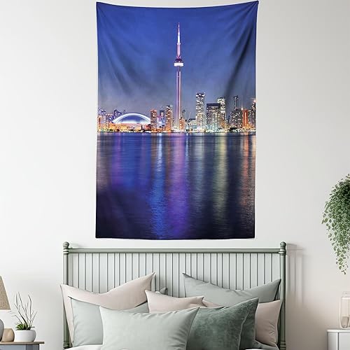 Miniatura 5 de Ambesonne Tapiz azul, Canadá Toronto Sunset Over The Lake Panorama Urban City Skyline Lively Night, colgante de pared para dormitorio, sala de