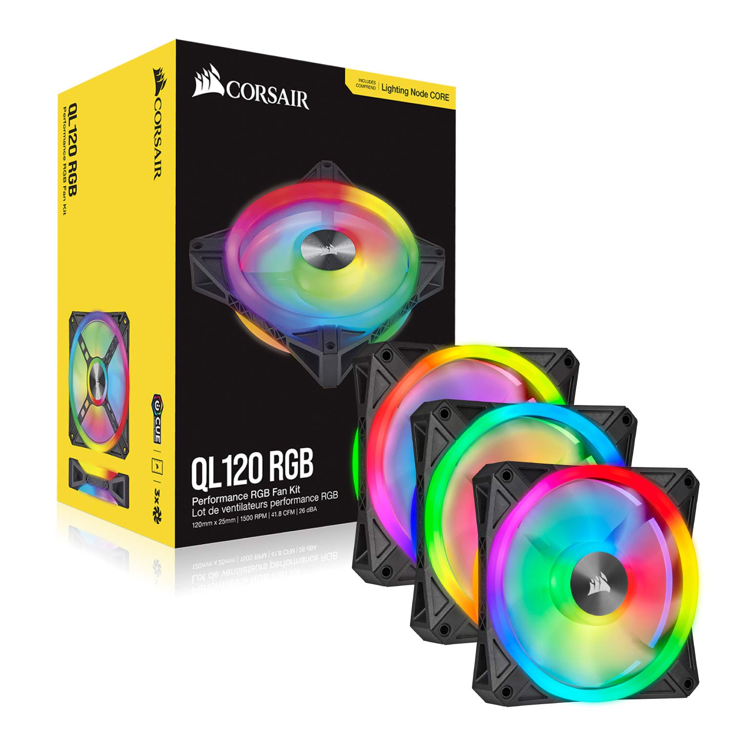 Corsair iCUE QL120 RGB, Ventilador LED RGB de 120 mm, Direccionables Individualmente, De Hasta 1500 RPM, Silencioso, Amortiguadores Antivibraciones, Paquete Triple con Lighting Node CORE, Negro