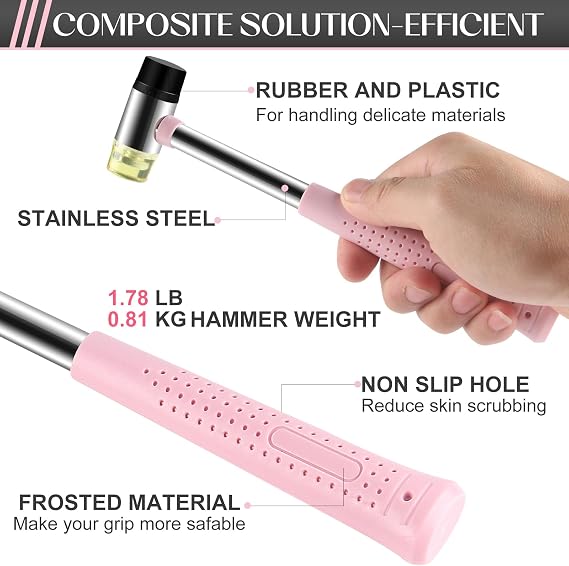8oz Hammer, 2-Piece Small Claw Hammer & Rubber Mallet Hammer Mini Hammer Set(Pink)