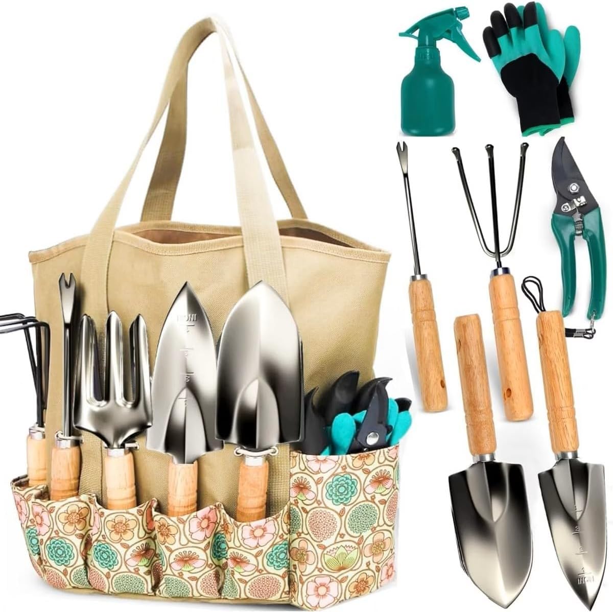8-Piece Garden Tool Set with Bag, Stainless Steel Tools, Wooden Handles and Soft Poly-Cotton Gloves for Planting, Pruning and Home Gardening
