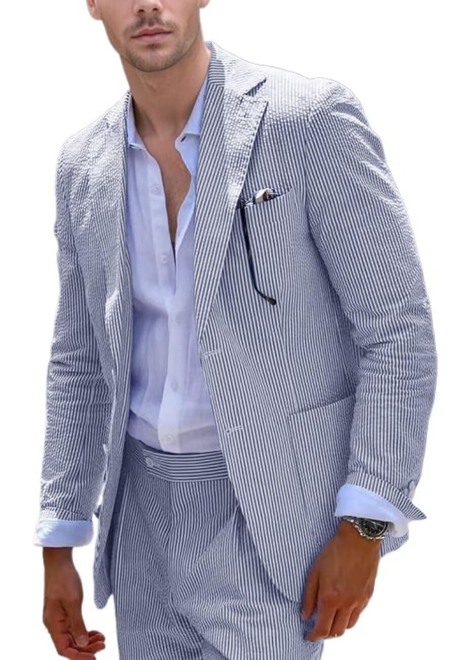 Completo da uomo in seersucker blu, 2 pezzi, per estate, spiaggia, matrimonio, sposo, abito a righe, con blazer e pantaloni, set leggero traspirante