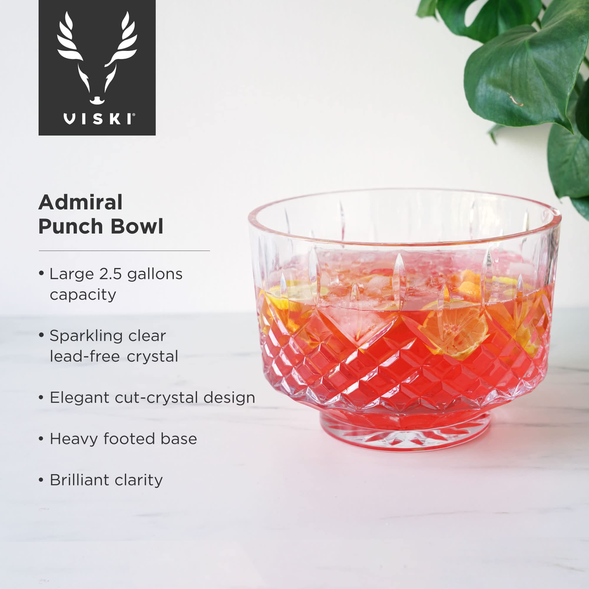 Viski 11019 Admiral Crystal Bowle aus Glas im Vintage-Stil, für Partys, Serviergeschirr für Cocktails, spülmaschinenfest, 2,5 Liter, 1 Stück, transparent