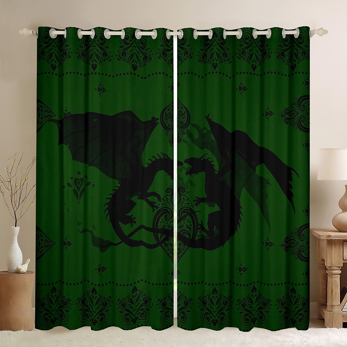 Rideaux dragon médiéval vert de 132x160 cm pour la déco de chambre