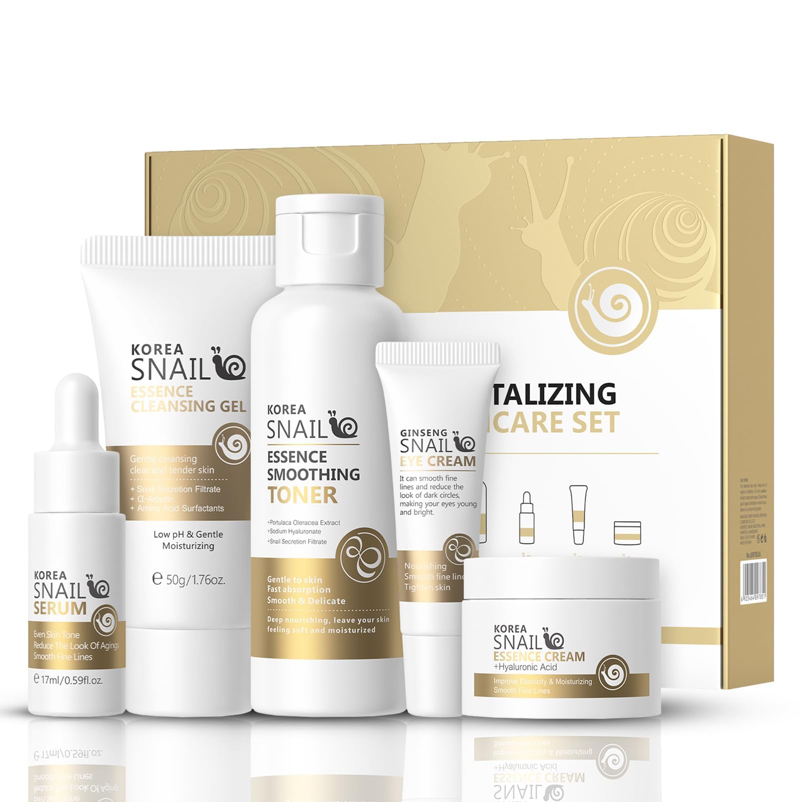 Korean Snail Skincare Gift Set, 5 Pcs Skin Cleaning & Care Travel Size Kit with Cleanser, Toner, Serum, Eye Cream, Face Cream, 5 in 1 Hydrating Facial Kit for Women & Girls