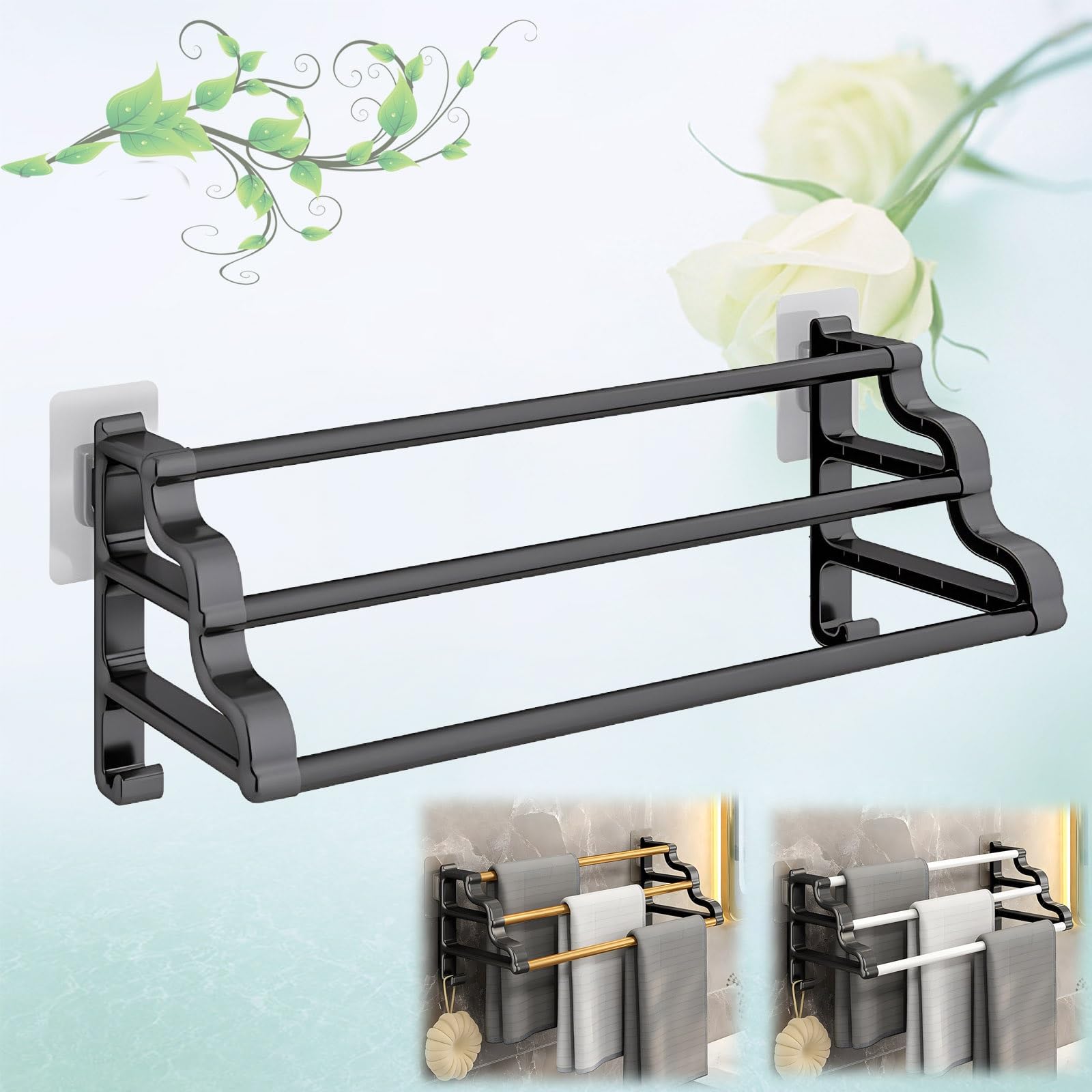 3 Tier Towel Bar Wall Mounted Bath Towel Rack Towel Storage Shelf For Bathroom，Self Adhesive Shower Towel Hanger Rod For Bath, Hand Towels(White,80cm/31.5in)