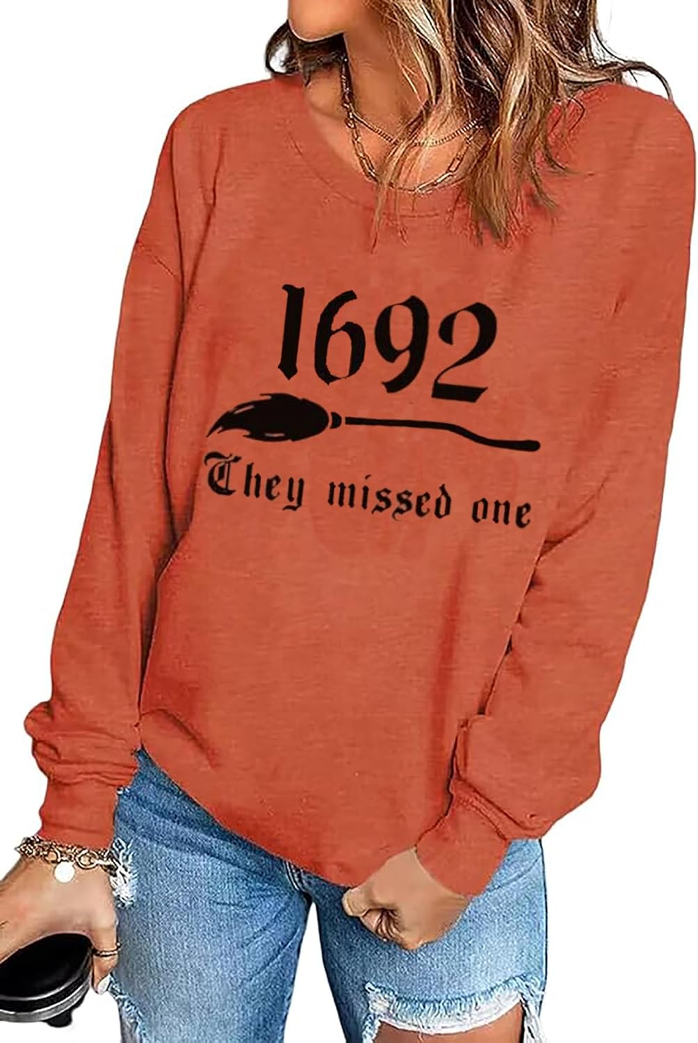 Susongeth 1692 They Missed One Halloween Sweatshirt for Women Salem Witch Long Sleeve Pullover Tops Shirt - Image 2