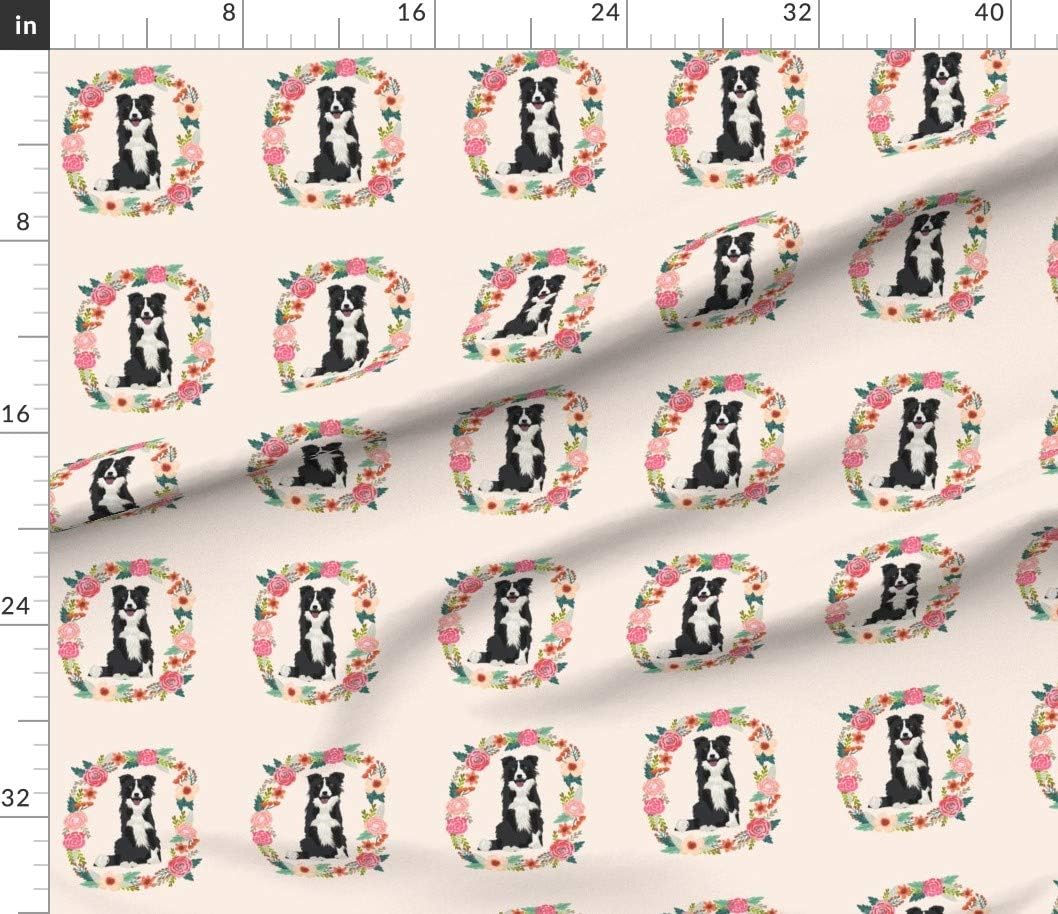 Spoonflower Fabric - Inch Border Collie Black White Wreath Florals Dog Floral Dogs Collies Printed on Petal Signature Cotton Fabric by The Yard - Sewing Quilting Apparel Crafts Decor