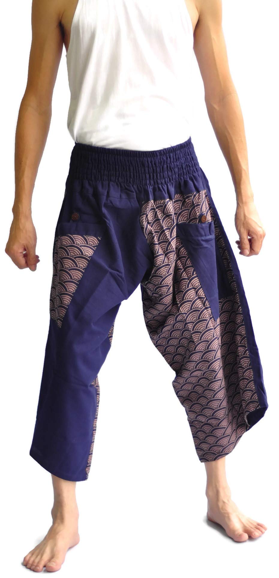 Siam Trendy Men's Japanese Style Pants One Size Blue with Fish Scales Design