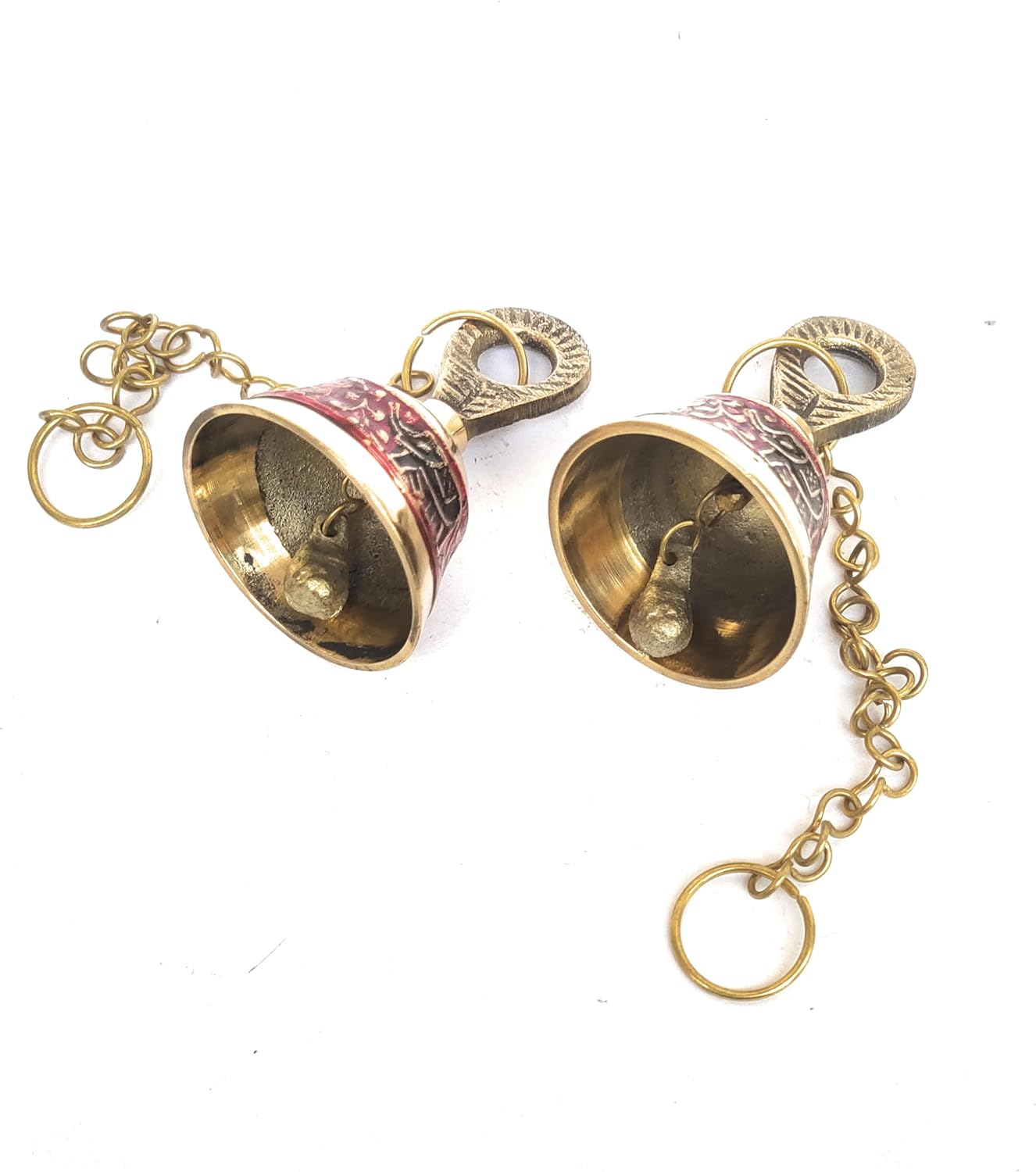 Brass Wall Hanging Bell with Chain for Home Mandir Temple Decorative I Puja Room(Set of -2) RED