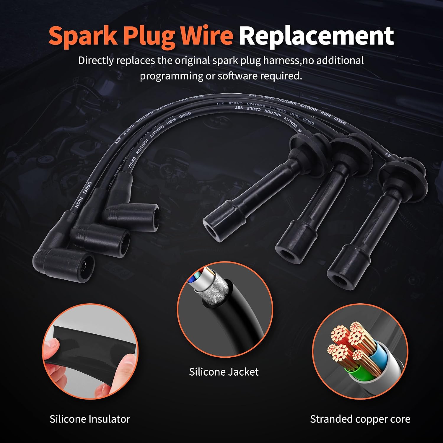 HiSport MIA11724 MIA11722 MIA11723 Spark Plug Wire Kit Replacement for John Deere 825i 825i S4 Copper Core - Tractor Spark Plug Wire Sets
