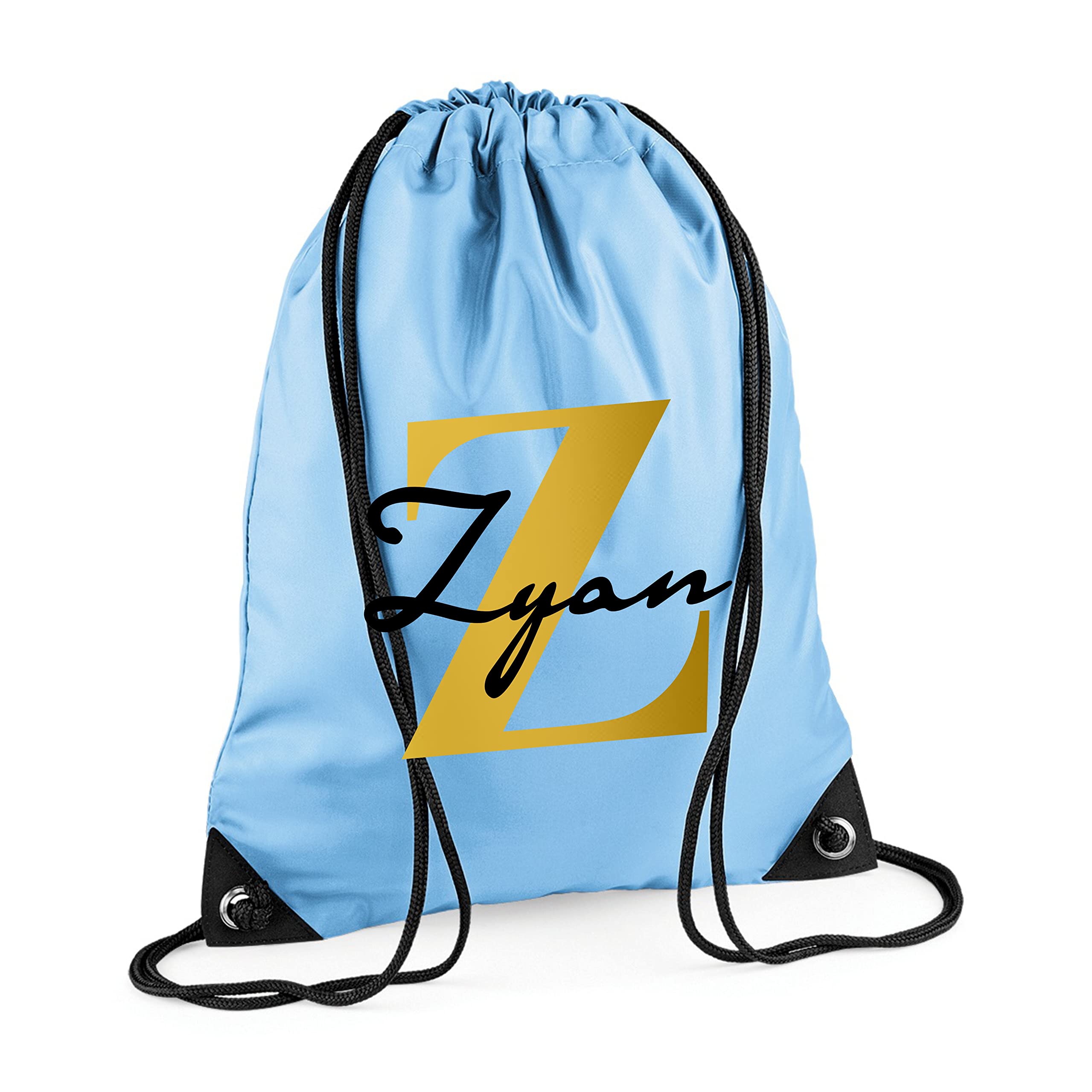 Personalised Initial Name Drawstring Bag, PE Kit School Sport Gym Swimming Kids Backpack Boys Girls Bag (Sky Blue)
