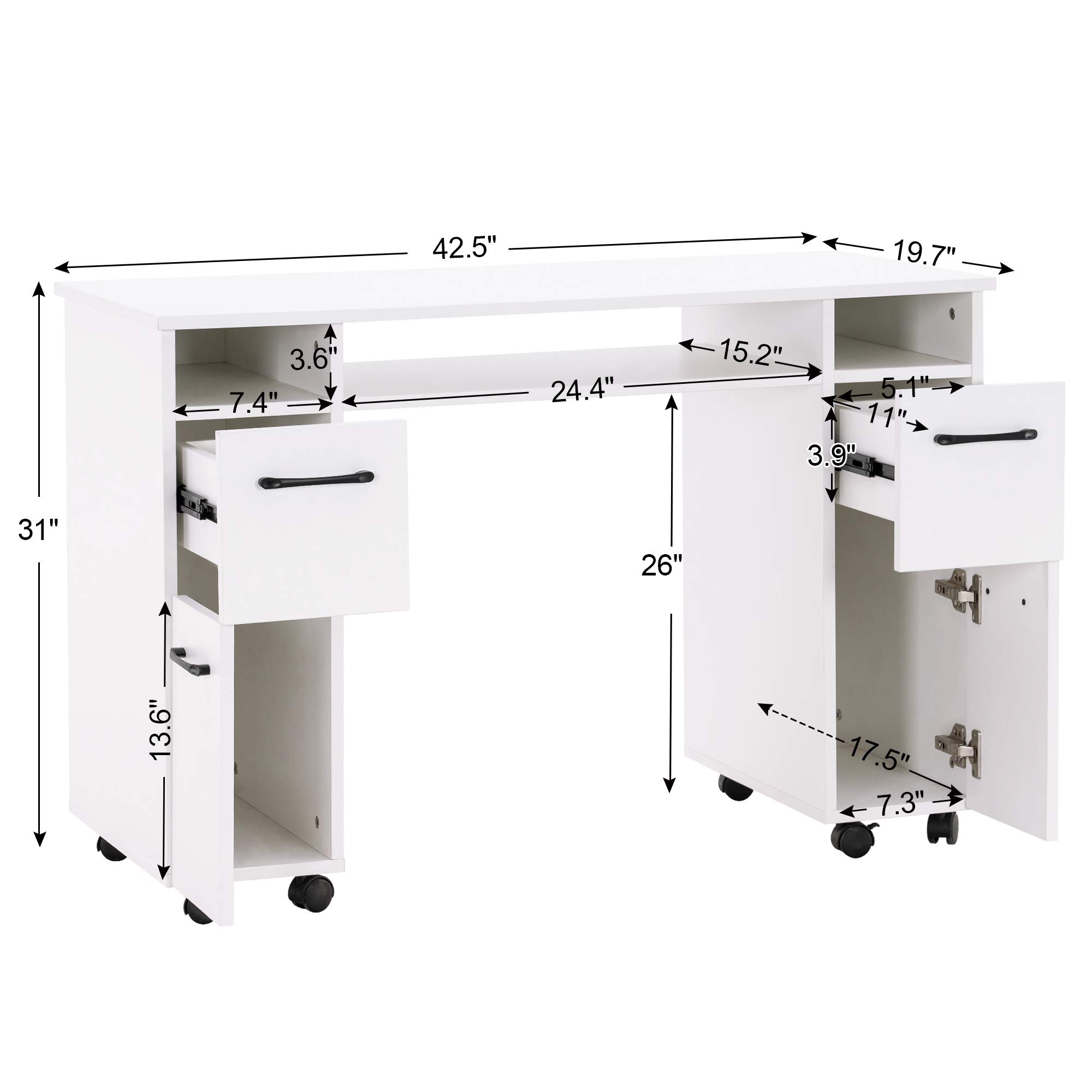 BarberPub Manicure Table Nail Desk with Wheels Beauty Salon Workstation Drawers Movable Equipment 2600 (White)