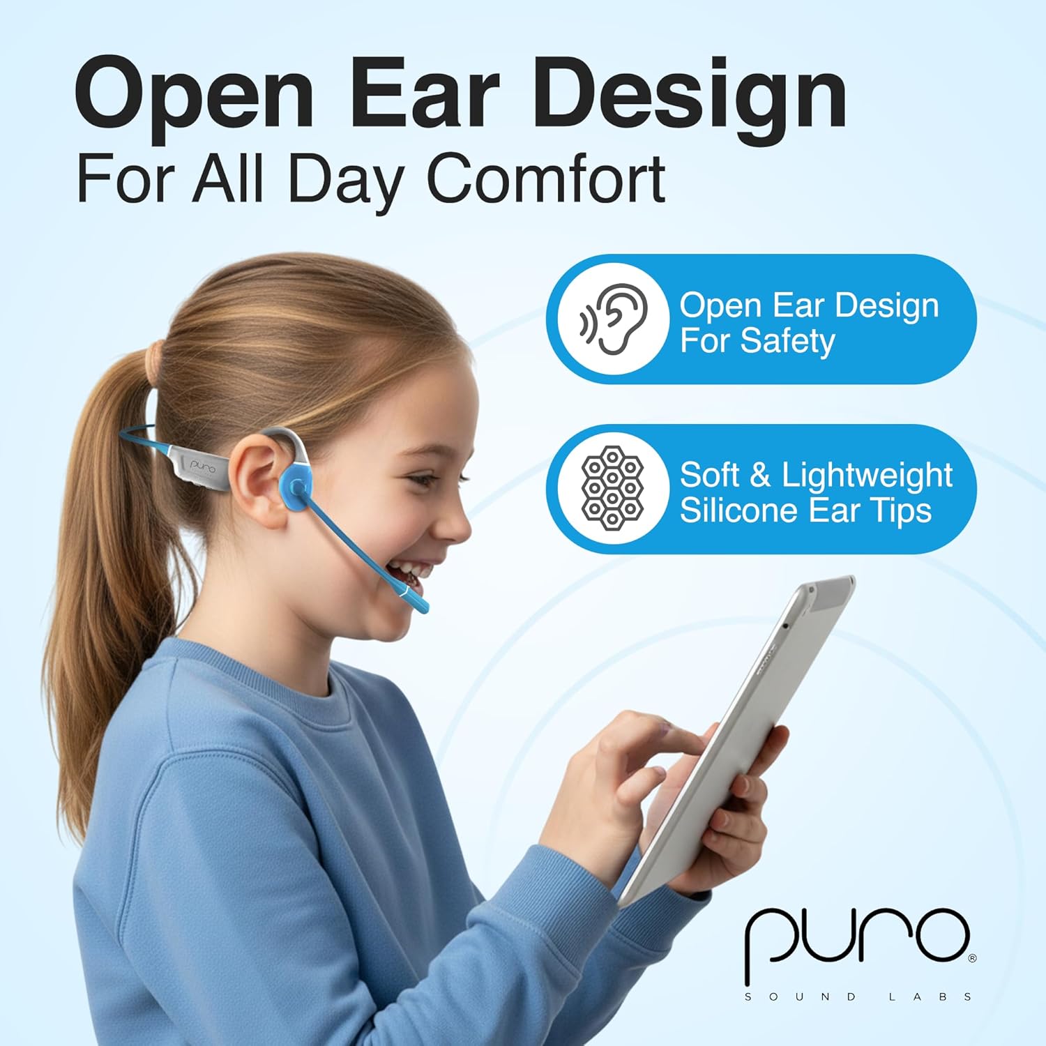 Puro Sound Labs PuroFlex Kids Bone Conduction Headphones – Bluetooth 5.3 Wireless, Volume Limited with Built-in Mic, Ideal for School, Running & Sports, IPX5 Waterproof Kids Open Ear Headphones, Teal