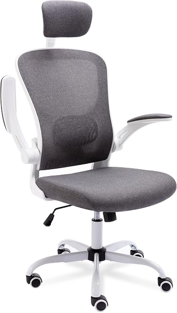 Office Chair, Desk Chair with Flip-up Armrest and Headrest, Office Chairs for Home with Lumbar Support & 360°Padded Rotation Seat, Ergonomic Office Chair, Computer Chairs (With Headrest,Grey)